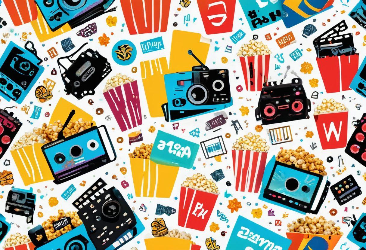 A colorful collage featuring dynamic video highlights with vivid thumbnails, interactive media clips, and engaging graphics. Include elements like a film reel spiraling through playful animations, vibrant icons of game controllers, and a popcorn bucket overflowing with excitement. The background should be electric with a playful and energetic vibe, inviting viewers to explore further. super-realistic. vibrant colors. white background.